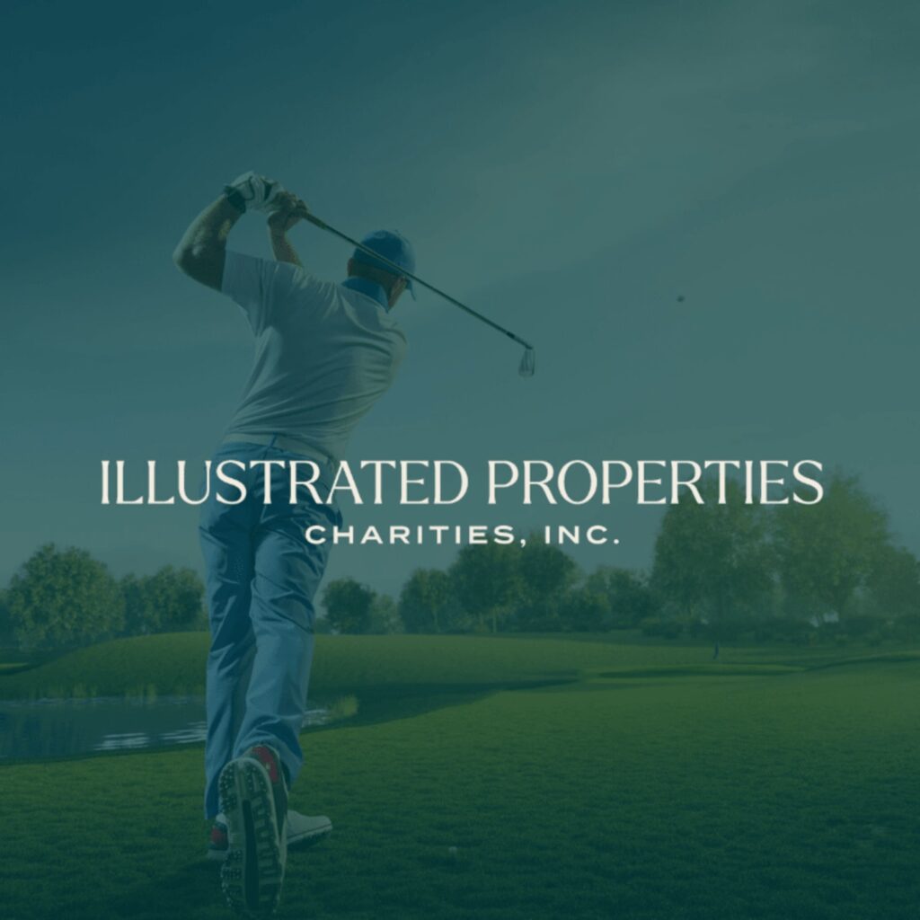 Golfer mid-swing on a fairway with the Illustrated Properties Charities logo